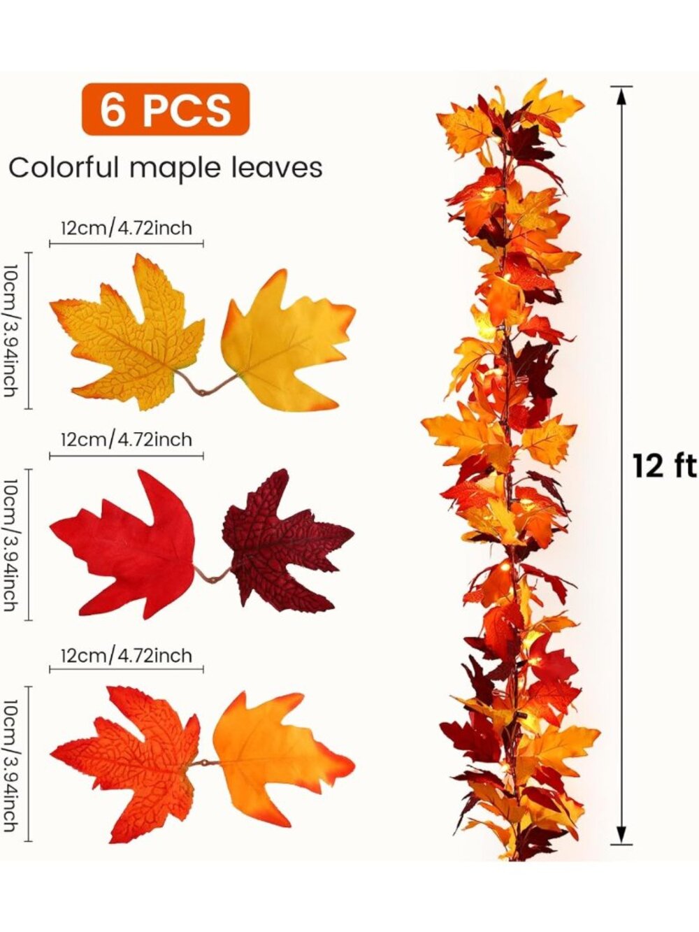 12Ft LED Fall Garland with 50 Lights, 8 Modes, Waterproof Maple Leaf Decor - Picture 4 of 7